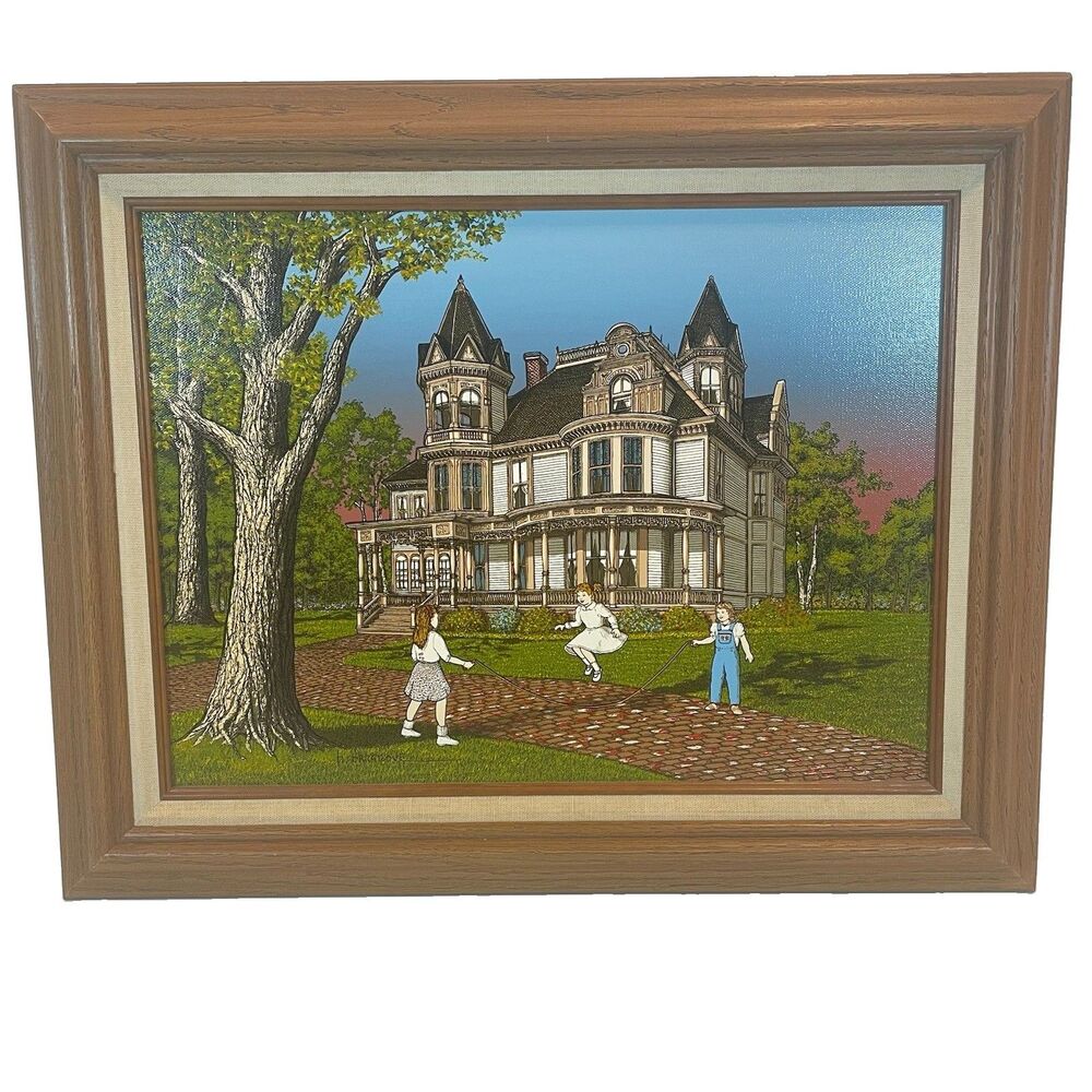 H. Hargrove Canvas Painting Serigraph Victorian House 3 Girls Jump Rope 12x16